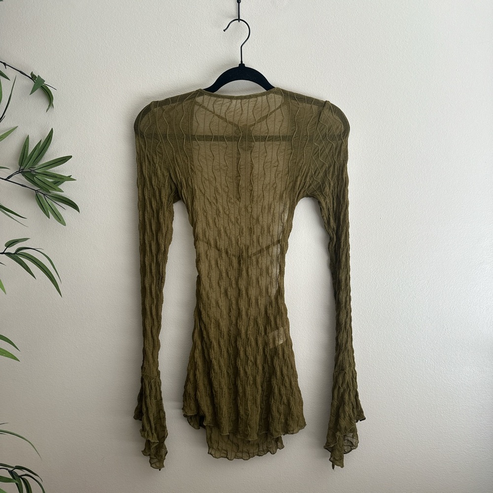 Insane Olive Green Sheer Long Flare Sleeve Blouse